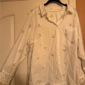 Maeve White Pearl-Embellished Women's Button Down Shirt